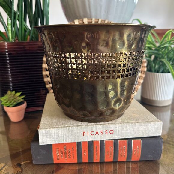 Other - Vintage Hammered Brass Reticulated Planter Cachepot, MCM Decorative Storage